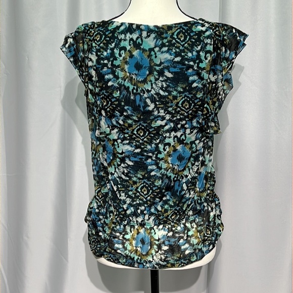 Apt. 9 Blue, Green, Black and Olive Print Ruffle Peplum Blouse - PXS - Picture 4 of 11
